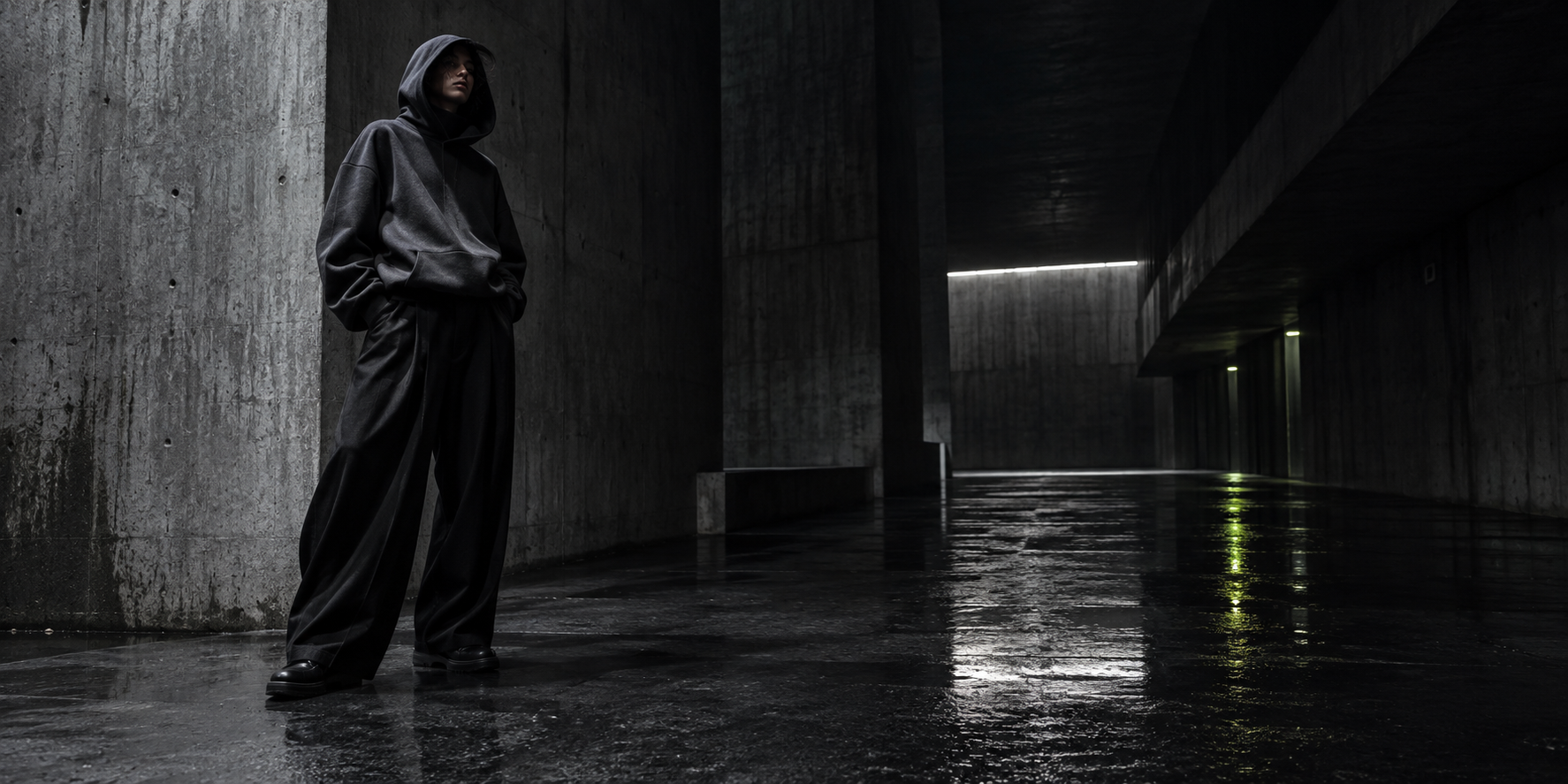 Model in a black heavyweight hoodie inside a brutalist night passage